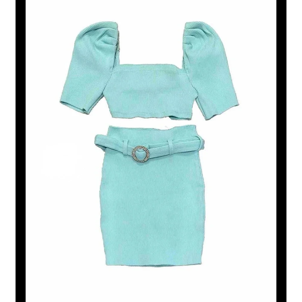 Fashion Nova Two Piece Ribbed Set Blue Turquoise Size Small Rare Jewel Skirt Set
